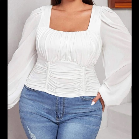 Boho Plus Size White Bishop Sleeve Shirt Top Blouse White - Picture 2 of 9